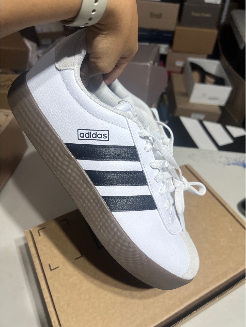 Adidas White Sneakers with Black Stripes and Brown Sole, Size 11 US
